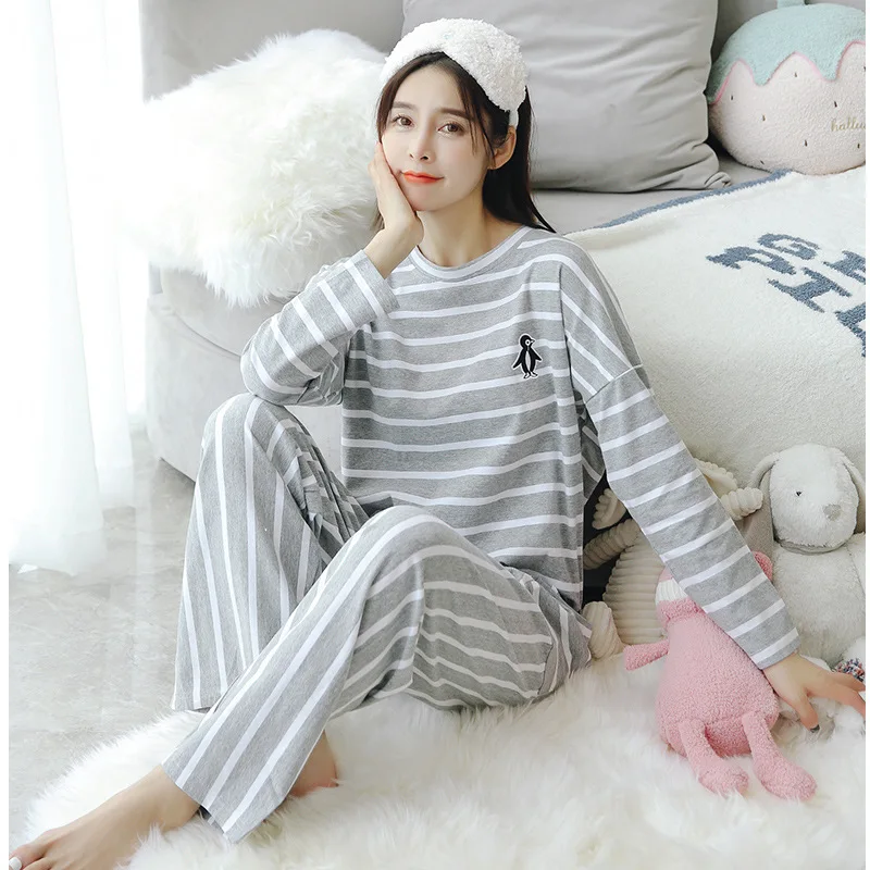Пижама женская в Корейском стиле, милые свободные штаны с длинными рукавами, с широкими штанинами, облегающая домашняя одежда в полоску, комплект из двух предметов, весна-осень
Пижама женская в Корейском стиле, милые свободные штаны с длинными рукавами, с широкими штанинами, облегающая домашняя одежда в полоску, комплект из двух предметов, весна-осень