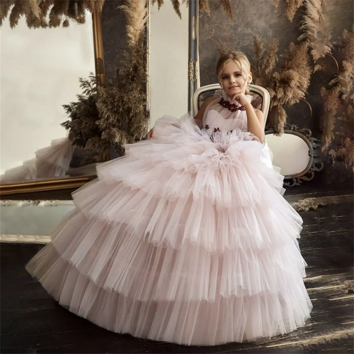 

Элегантное розовое Тюлевое платье с цветами для девочек Многоярусное пышное платье принцессы с 3D цветочной аппликацией из бисера без рукавов Детское платье для первого причастия