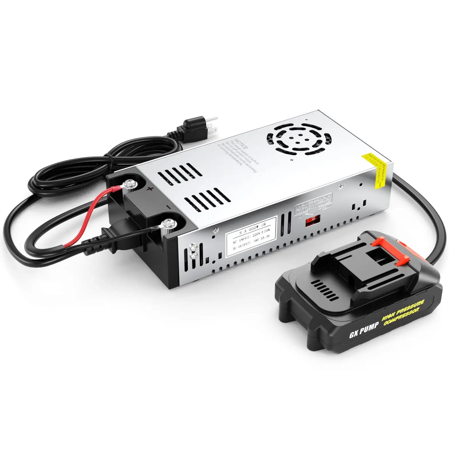GX PUMP 110v AC to 18V DC Converter Transformer for L2 / L3 Cordless PCP Air Compressor Home Outlet Use, 600W 33A Max
GX PUMP 110v AC to 18V DC Converter Transformer for L2 / L3 Cordless PCP Air Compressor Home Outlet Use, 600W 33A Max