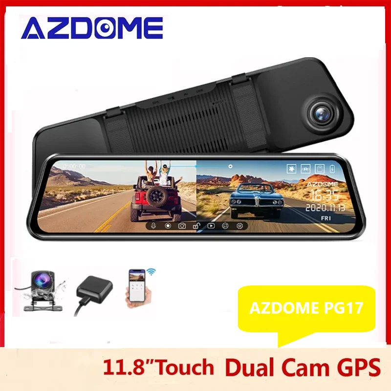 

AZDOME PG17 Car Mirror Touch Screen RearView Dash Cam Stream Media Video Recorder Night Vision DVR GPS 1080P Dual Cams 11.8inch