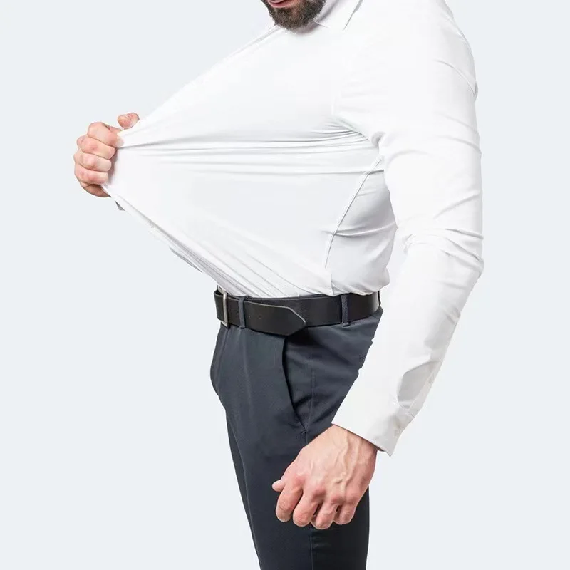 

Four Sided Elastic Non Ironing Long Sleeved Mens Shirt Silky Vertical Feeling Mens Shirt