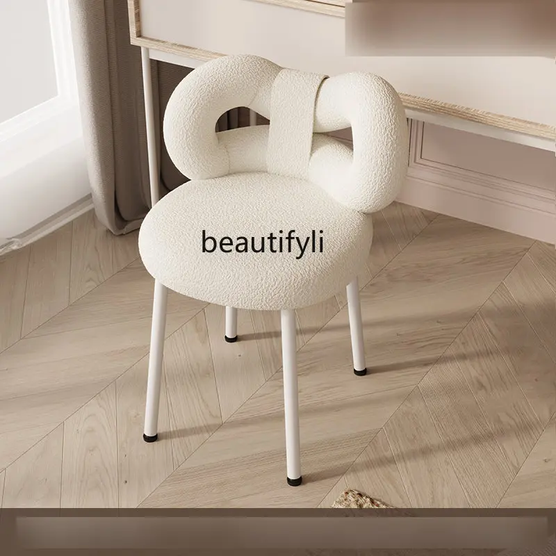 

yj Cream Style Cosmetic Chair Lambswool Makeup Stool Bow Dressing Stool Backrest Chair