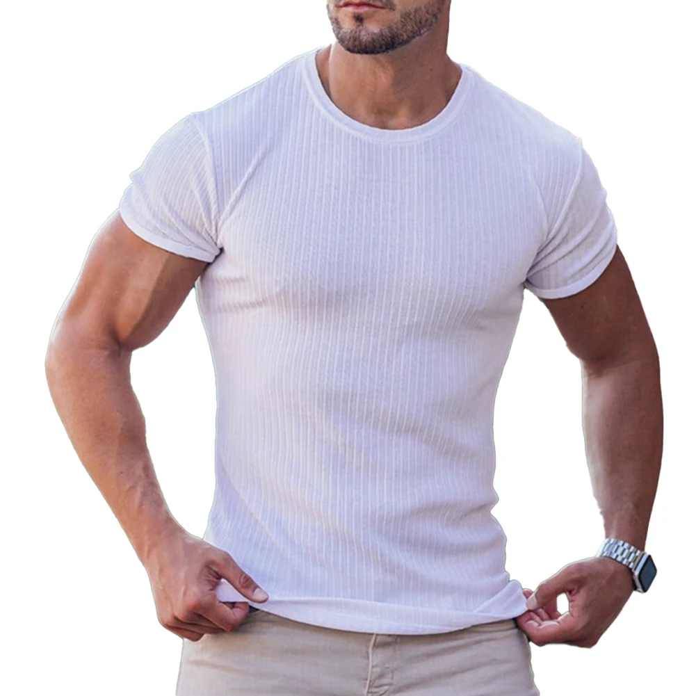 

For Man Man Tops T Shirt Vacation Holiday Men Ribbed Shirt Muscle T Shirt Short Sleeve Solid Color V Neck Tops