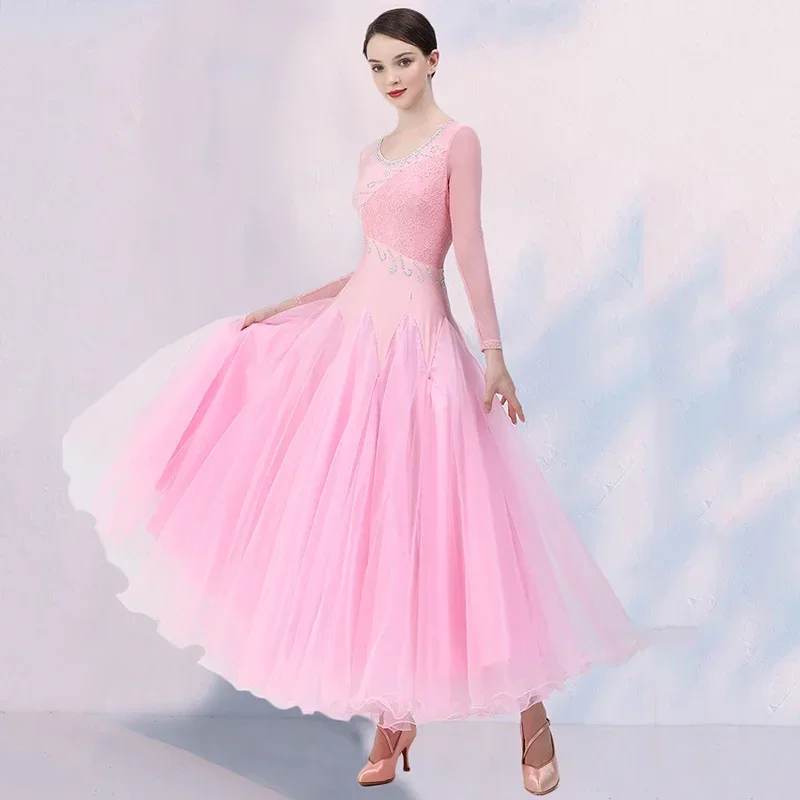 

Performance Lace Waltz Practice Clothes New Pink Ballroom Dance Dress Women Big Swing Competition Modern Standard Costumes