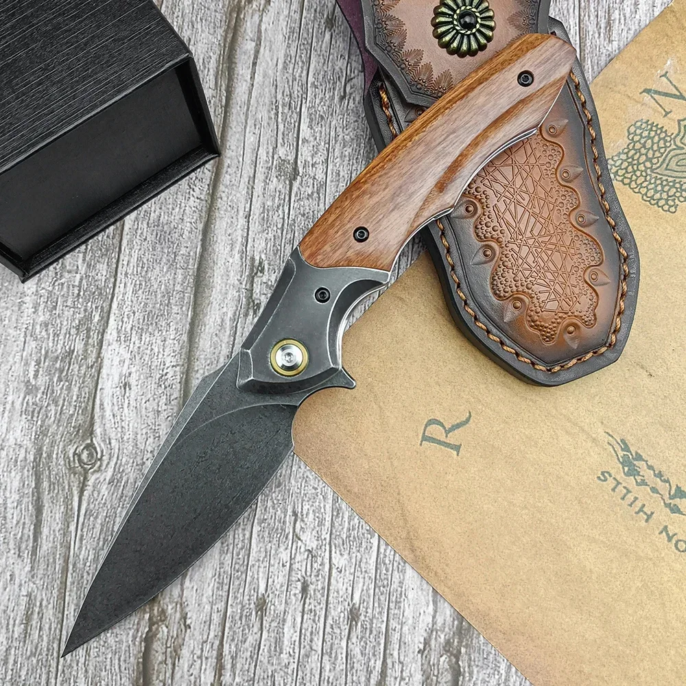 

Карманный складной нож в кожаном футляре для коллекционеров, охотничьи ножи Wootz со стальным лезвием и деревянной ручкой, тактическое снаряжение для выживания
