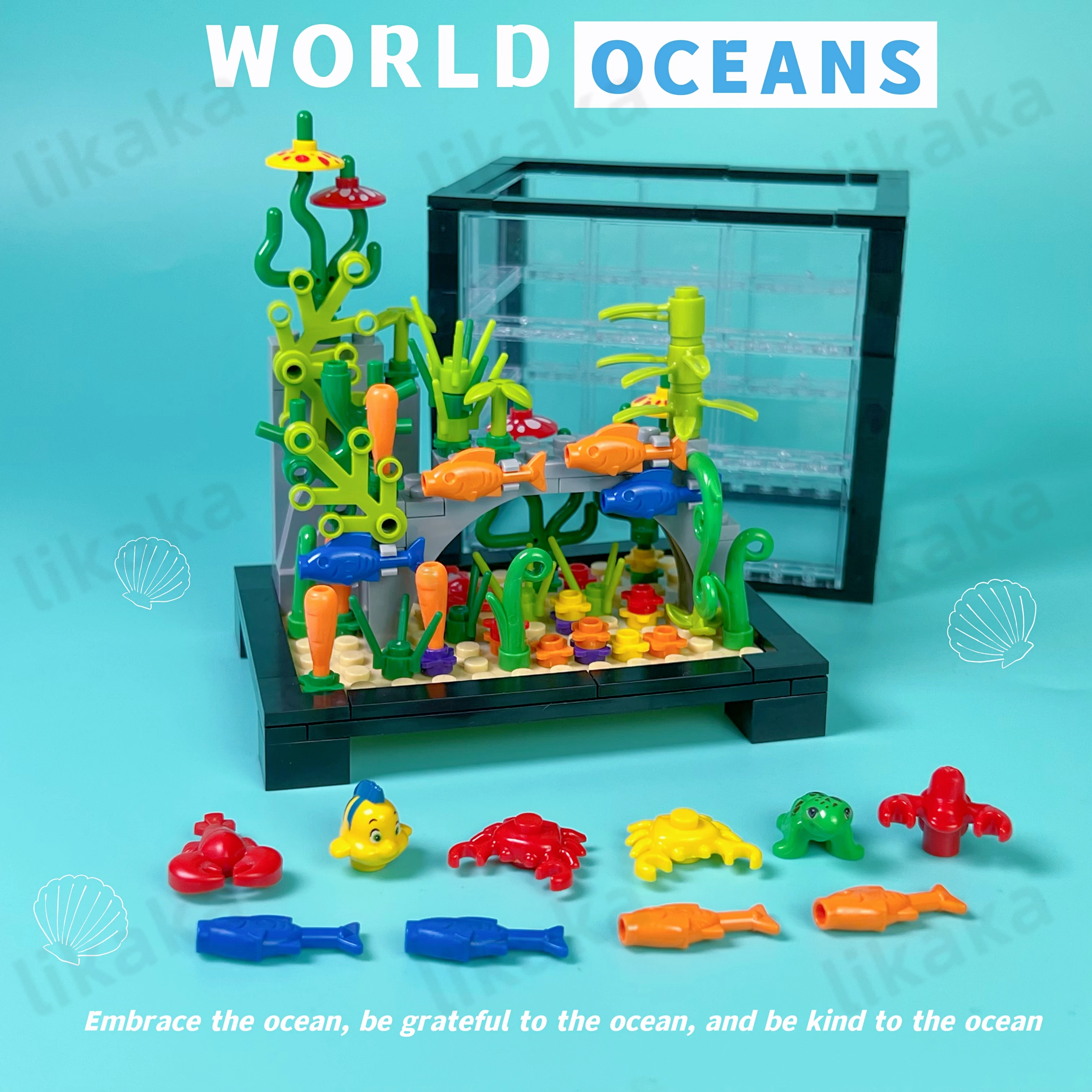 

Строительные блоки MOC для аквариума, креативные блоки для подводной черепахи, краба, игрушки для детей, «сделай сам», Oceanworld, аквариум, настольное украшение