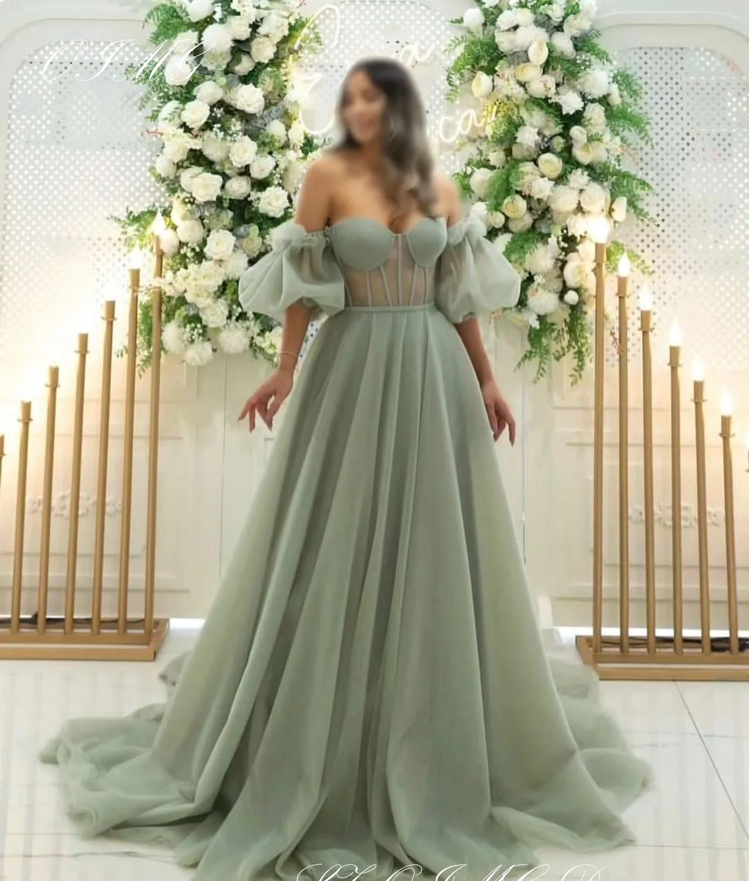 

OIMG Gorgeous Sweetheart Prom Dresses Saudi Arabic Women Puff Sleeves A-Line Tulle Evening Gowns Occasion Formal Party Dress