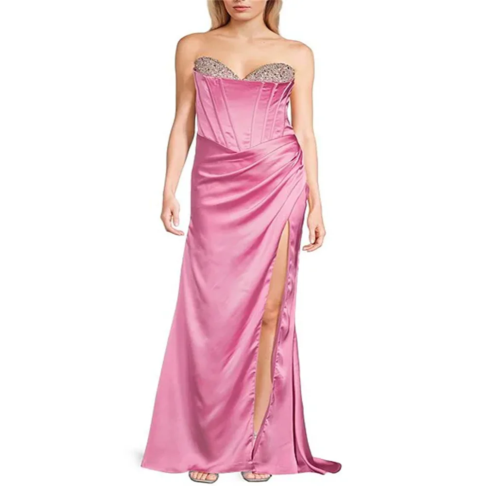 

New Product Strapless Sweetheart Neckline Satin Evening Dress Elegant Open Lace Up Back Side Slit Floor Length Sweep Train Gown