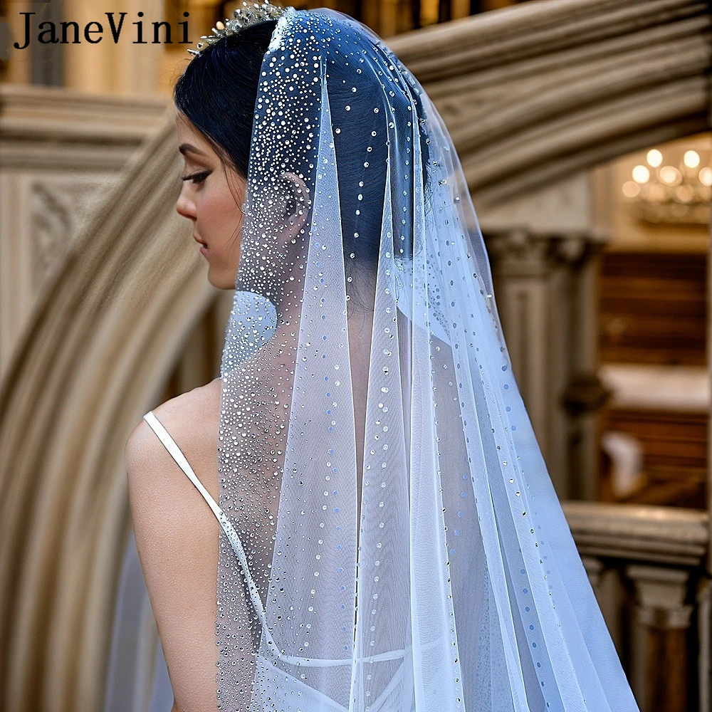 

JaneVini Luxury Pearls Bridal Veil with Crystals Long Cathedral 1 Tier White Ivory Beaded Wedding Veils Comb Tulle Bride Veils