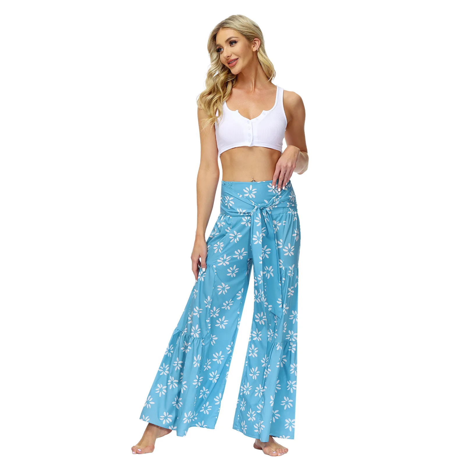 

Summer Casual Floral Print Women Fashion Pants Elastic Belted High Waist Wide Leg Pants Beach Wide-Leg Pants With Straps