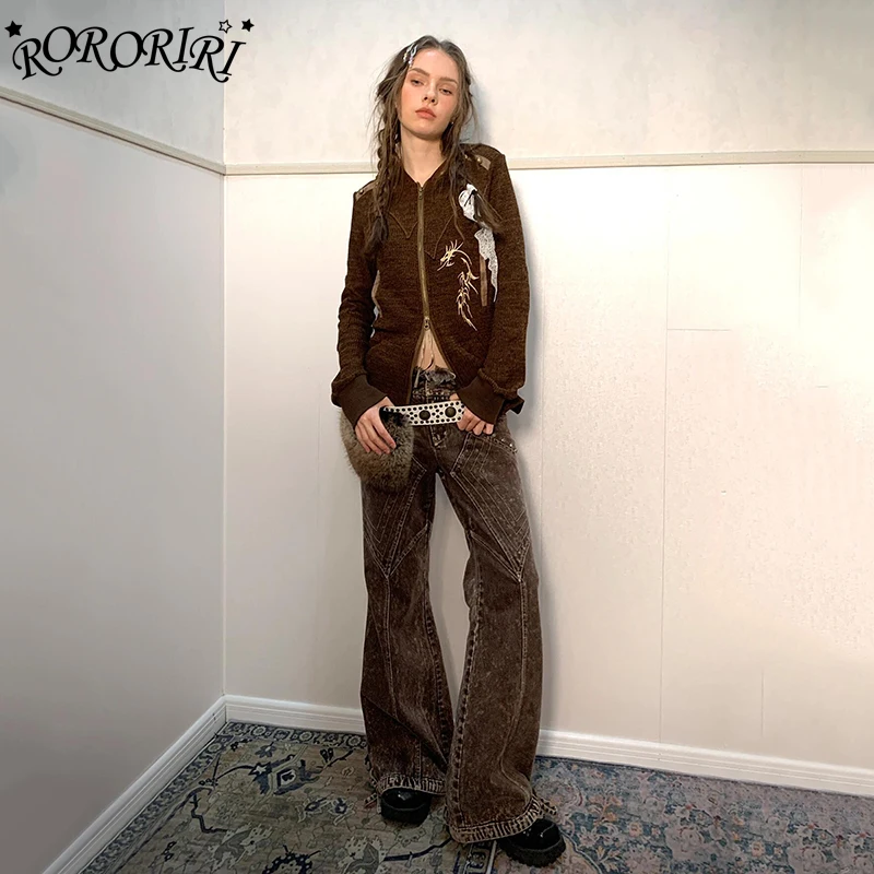 

RORORIRI Patchwork Vintage Snowflake Wash Flare Jeans Women Raw Edge Low Rise Studded Bandage Bootcut Pants Y2k Grunge Clothes