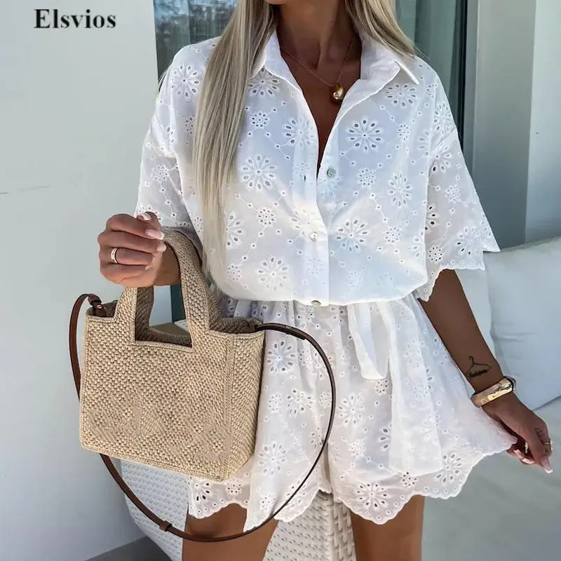 

2024 Button Lapel Holiday Beach One Piece Women Chic Jacquard White Shorts Jumpsuit Simple Elegant Solid Lace-up Lace Overall