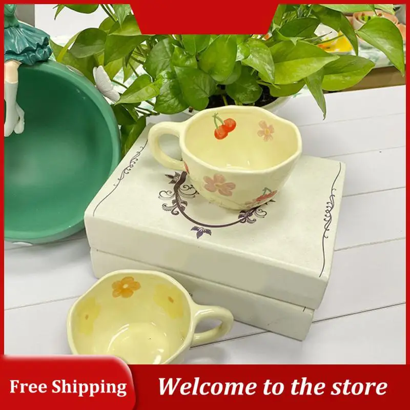 

Ceramic Mugs Coffee Cups Hand Pinched Irregular Flower Milk Tea Cup ins korean style Oatmeal Breakfast Mug Drinkware Kitchen