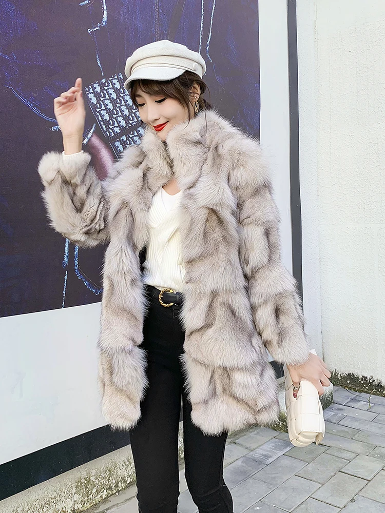 

2023 Fashion Real Fur Coat Winter Jacket Women Natural Fox Fur Long Outerwear Thick Warm Streetwear New Nine Quarter Sleeve