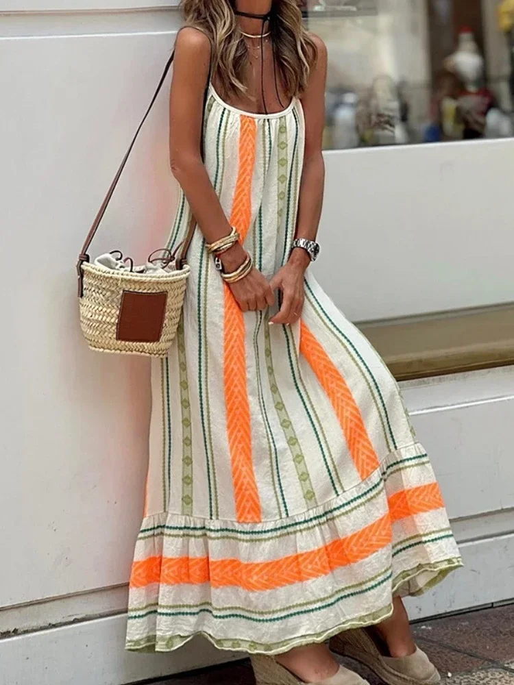 Beach Party Orange Long Camisole Dress with U-neck Striped Printed Sleeveless New Pleated Hem Design Patchwork Pullover Dresses
Beach Party Orange Long Camisole Dress with U-neck Striped Printed Sleeveless New Pleated Hem Design Patchwork Pullover Dresses
