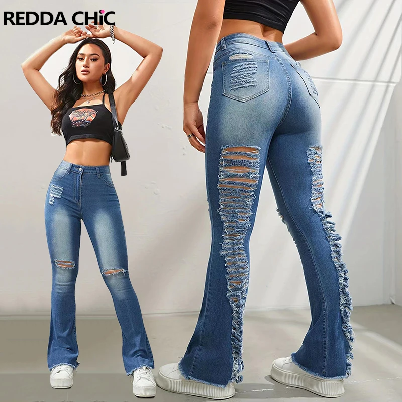 

REDDACHiC Sexy Skinny Destroyed Flare Jeans Women Ladder Ripped Holes Blue Wash High Rise Y2k Casual Bootcut Pants Bell Bottoms