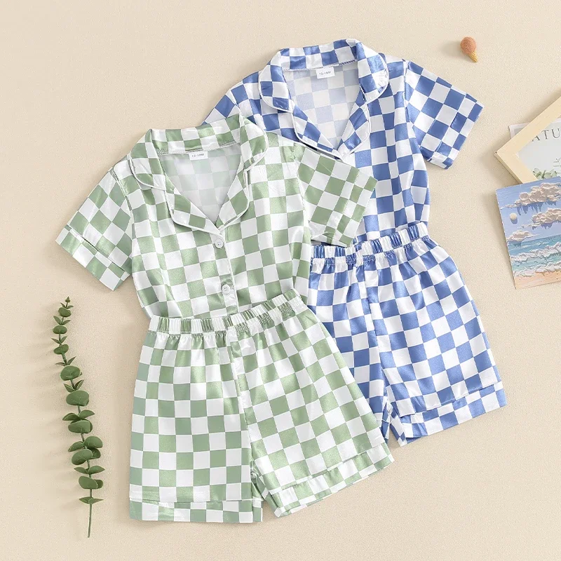 

Toddler Kids Baby Boys Summer 2PCS Pajama Sets Short Sleeve Lapel Checkerboard Print Shirt Shorts Sleepwear 1-6T