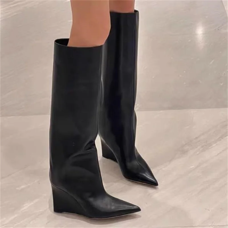 Pleated Shoes for Women Pointed Toes Ladies Black Zapatos Mujer Wedges Female Calf Boots Sewing Lines Tacones Solid Femme Botas
Pleated Shoes for Women Pointed Toes Ladies Black Zapatos Mujer Wedges Female Calf Boots Sewing Lines Tacones Solid Femme Botas