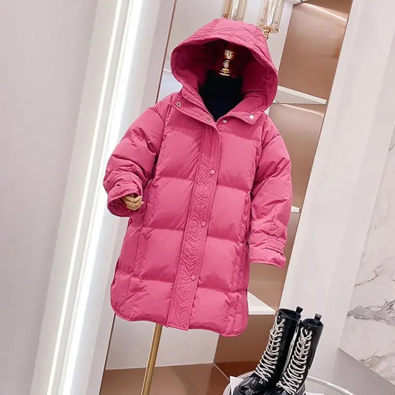 

2024 New Winter Hooded Jacket Girls Down Cotton Coat Fashion Kids Loose Outerwear Solid Color Teens Long Parka for 4 To 15 Years