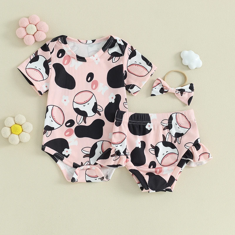 

VISgogo Baby Girls Clothes Outfits Cow Print Short Sleeve Romper with Ruffled Shorts and Heaband 3 Pcs Summer Set