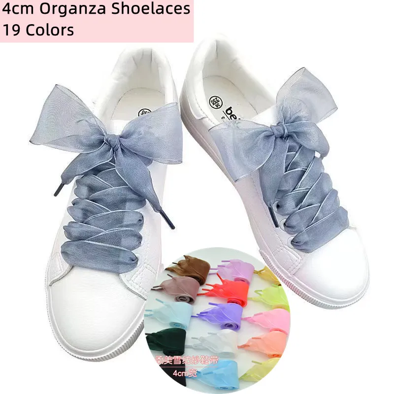 

1 Pair 4cm Widened Flat Silk Satin Ribbon Shoestrings Organza Chiffon Yarn Big Bow Wide Laces For Casual Canvas White Shoelaces