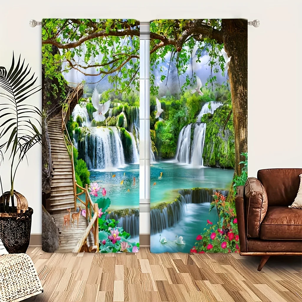 

2panels,Beautiful Forest Scenery Natural Curtain Waterfall Landscape Living Room Curtain Suitable For Living Room BedroomDecor
