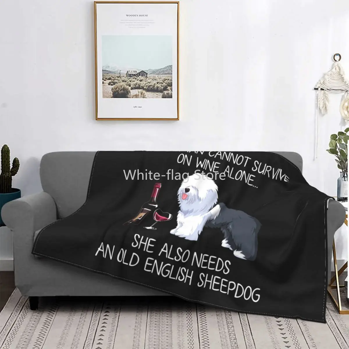 

Old English Sheepdog And Wine Funny Dog Blanket Soft Flannel Fleece Warm Pet Puppy Lover Throw Blankets for Office Bedroom Quilt