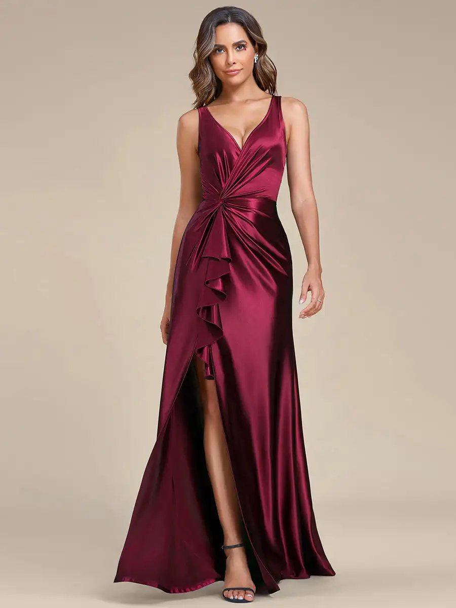 

Elegant Evening Dresses V Neck Split Ruffles Wholesale Stain Floor-Length 2024 Ever Pretty of A-line Burgundy Bridesmaid Dress