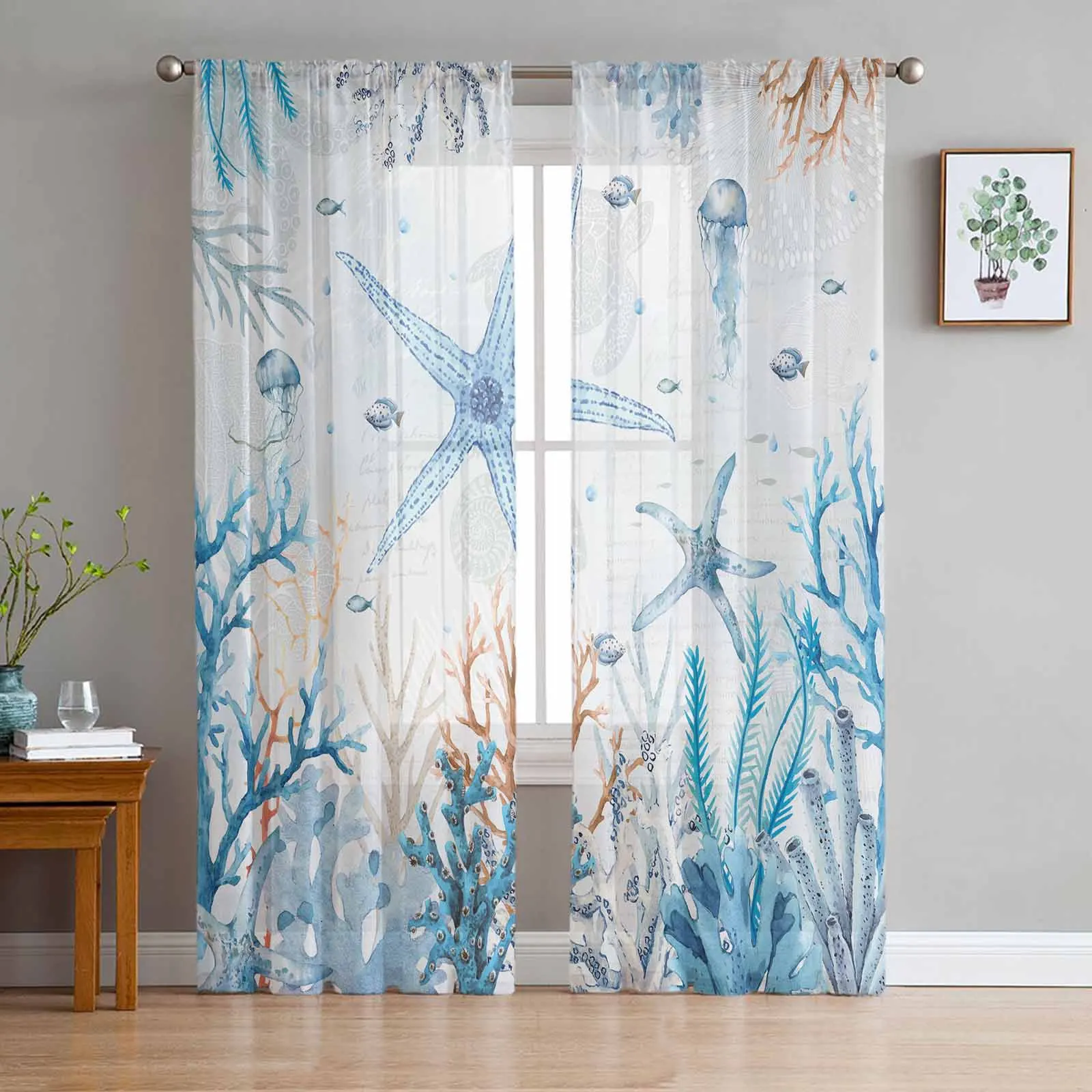 

Summer Ocean Coral Starfish Turtle Jellyfish Blue Sheer Curtains for Living Room Home Decor Tulle Curtain Bedroom Voile Drapes