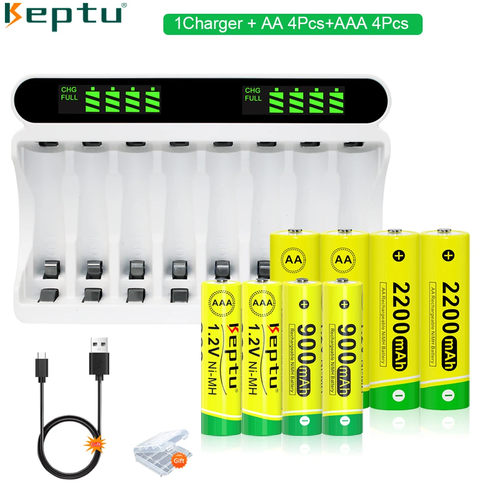 KEPTU 4PCS 1.2V AA 2200mAh rechargeable battery + 4PCS AAA nimh battery 900mAh 3A with 8-slot Smart Fast Battery Charger 
KEPTU 4PCS 1.2V AA 2200mAh rechargeable battery + 4PCS AAA nimh battery 900mAh 3A with 8-slot Smart Fast Battery Charger