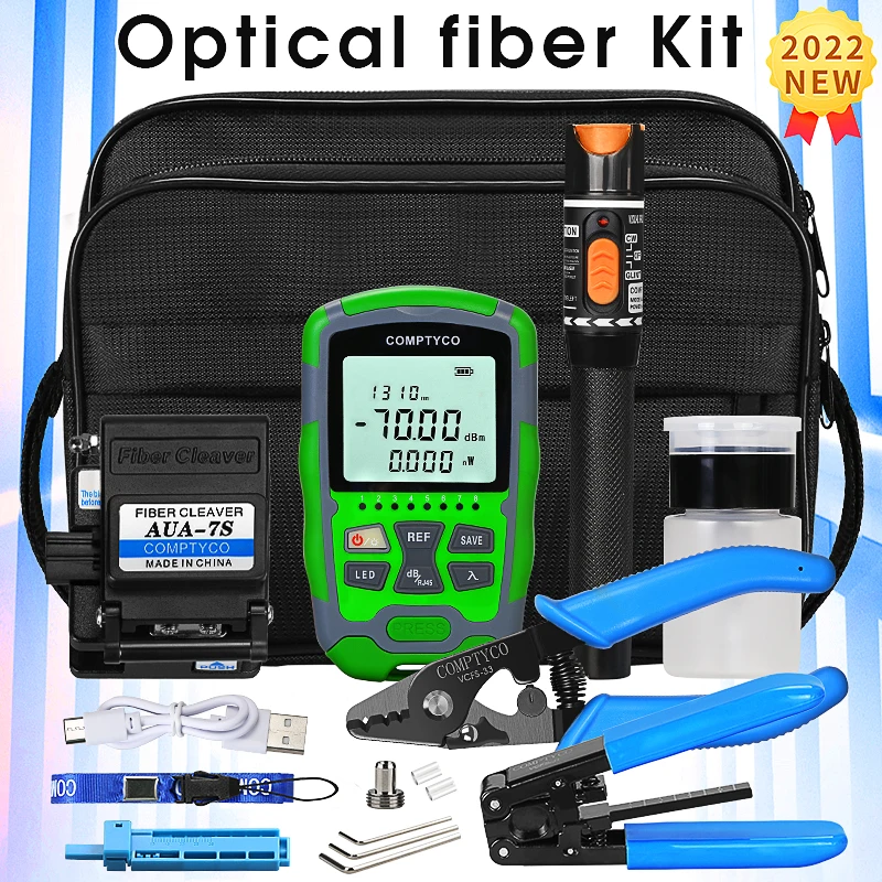 

FTTH Fiber Optic Tool Kit with Fiber Cleaver -70~+10dBm AUA-MC7 3 in 1 Mini Optical Power 10mw Meter Visual Fault Locator