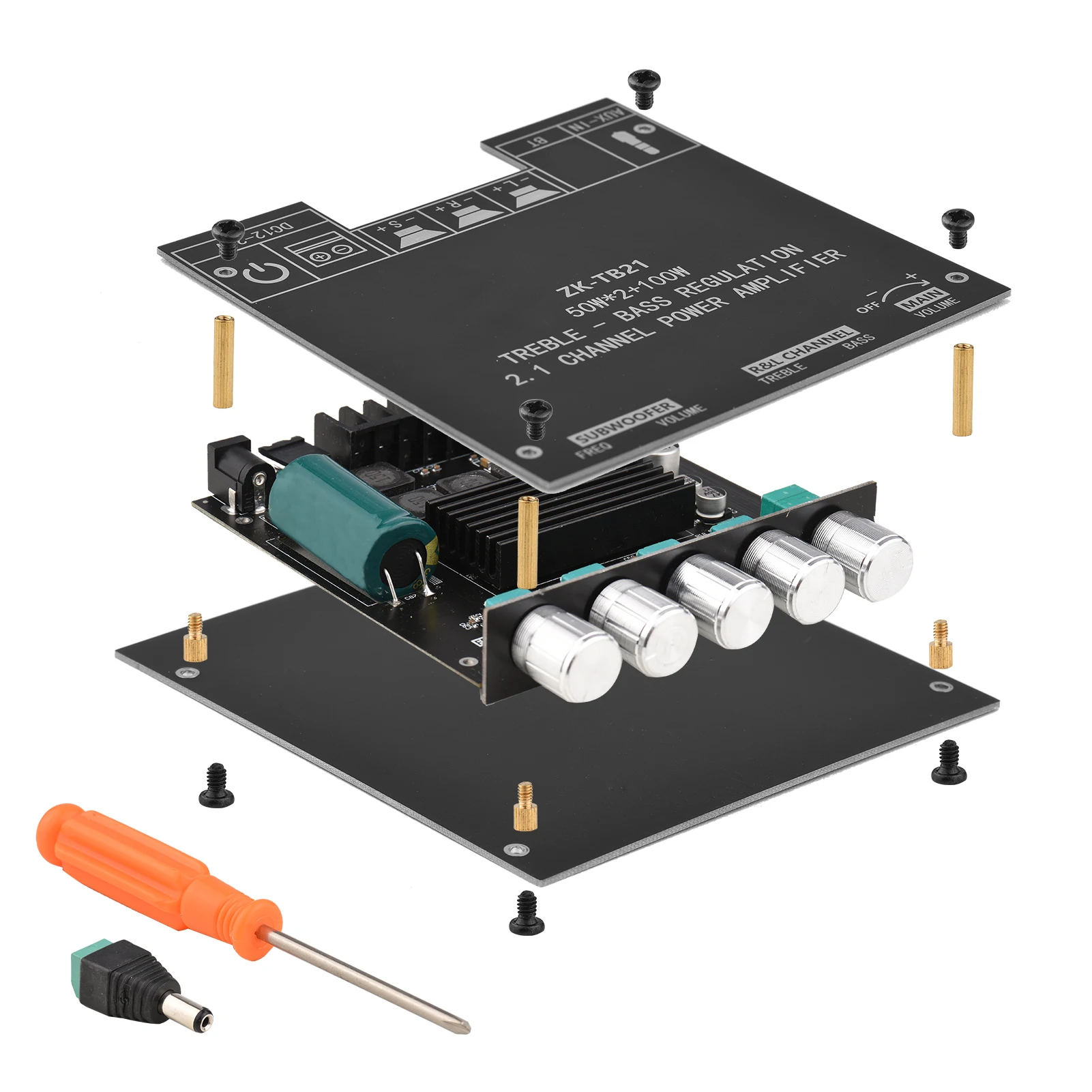 2.1 Channel Subwoofer Power Amplifier Module DIY Kit 50Wx2+100W Treble Bass Volume Control DC 12-24V BT Audio for Audio System
2.1 Channel Subwoofer Power Amplifier Module DIY Kit 50Wx2+100W Treble Bass Volume Control DC 12-24V BT Audio for Audio System