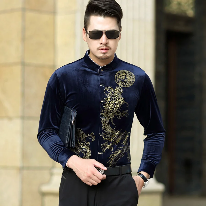 Chinese Style Mens Dragon Velvet Shirt Spring Autumn Winter Casual Dress Shirts Fashion Print Stand Collar Thick Business Shirts
Chinese Style Mens Dragon Velvet Shirt Spring Autumn Winter Casual Dress Shirts Fashion Print Stand Collar Thick Business Shirts