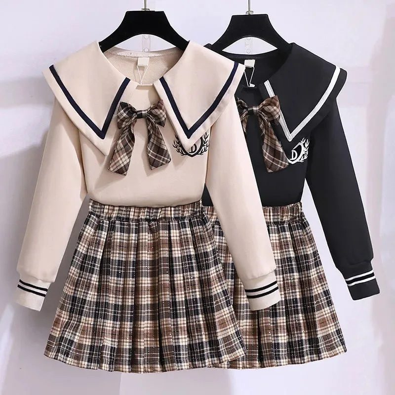 

Winter Teenage Girl Clothes Sailor Collar Knitted Sweater and Plaid Pleats Skirts Set Children Top and Bottom 2 Pieces Outfits