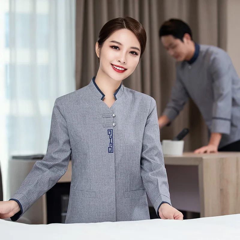 

Linen V-neck Star Hotel Cleaning Service Uniform Long Sleeve Property Cleaner Autumn and Winter Clothing Room Waiter Workwear PA