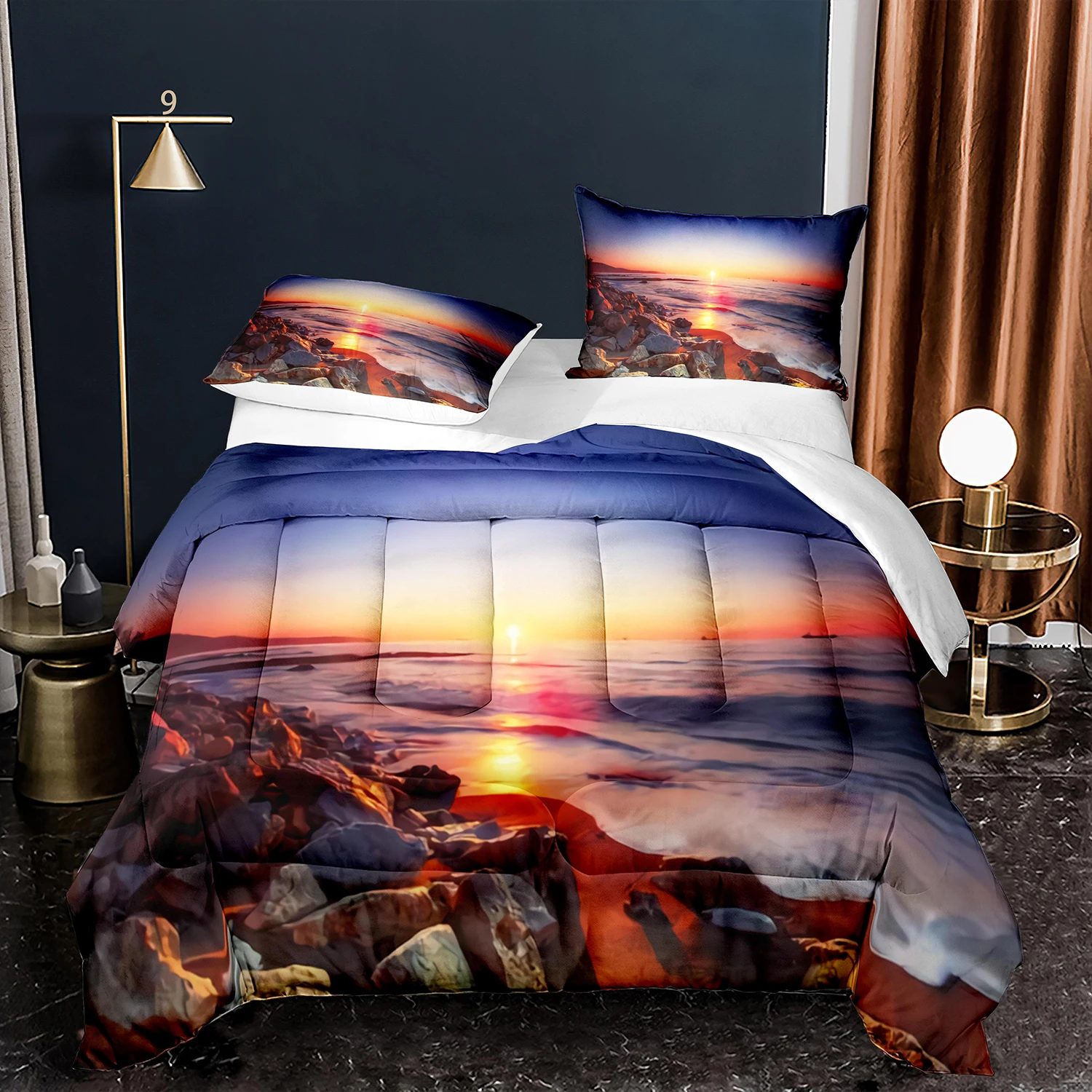 

Luxury Duvet Cover Set King Size Beach Sunset Reef Natural Landscape Seaside Bedding Set Natural Scenery Theme Quilt Cover