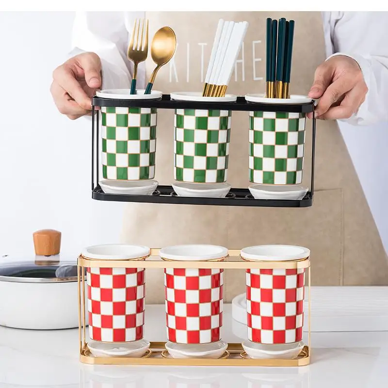 

Kitchen Items Storage Containers Checkerboard Chopsticks Storage Box Ceramic Draining Chopsticks Metal Rack