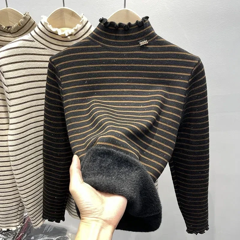 

Thicken Striped Plus Velvet Turtleneck Sweater Women's Slim Warm Soft Knit Pullover Fleece Lined Bottoming Jumper Tops E14