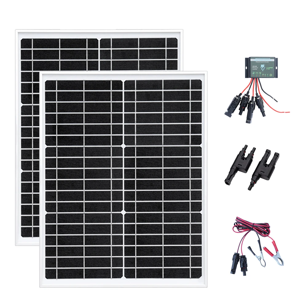 

50W 12V Glass Solar Panel kit Module 18V 25W*2 Cell With Controller for home Car Sun Lamp light 12V Lead-acid batteries Charger