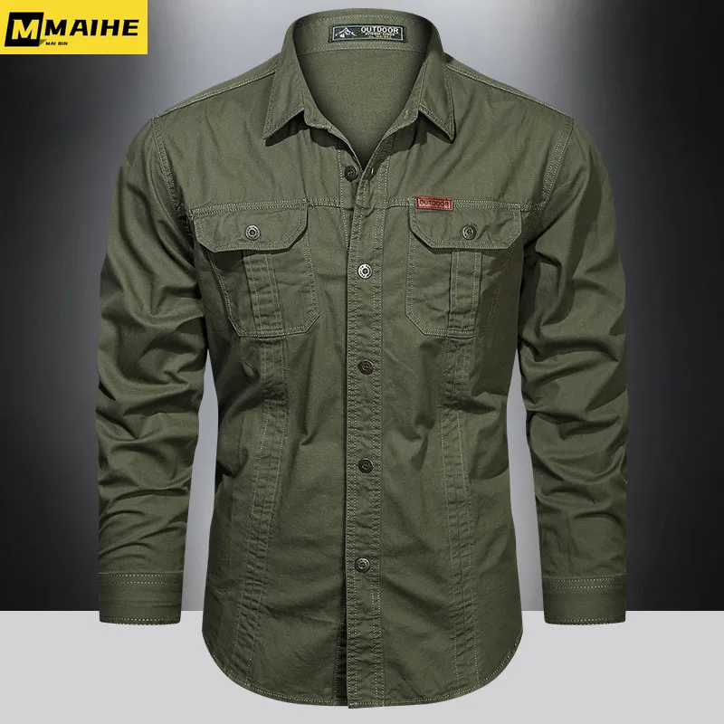 

2023 Cargo Shirt Men Long Sleeve Casual Cotton Shirts High Quality Camisa Militar Overshirt Brand Clothing Black Blouses 5XL