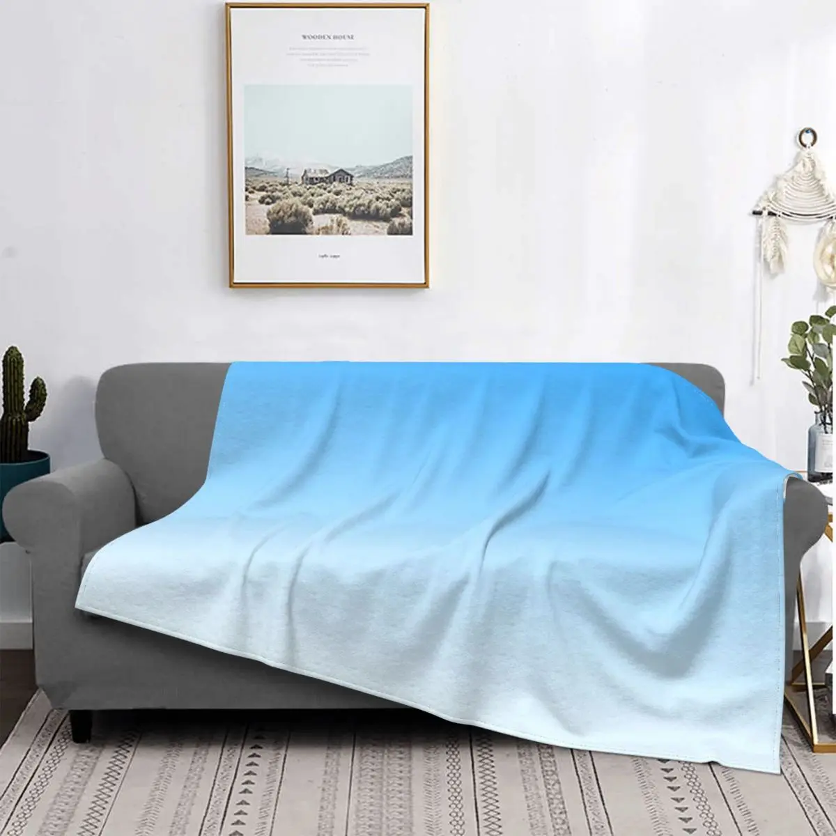 

Cerulean Blue Light Ombre Gradient Colorful Blanket Velvet Summer Breathable Lightweight Throw Blankets For Office Bedspread