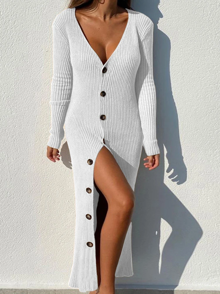 

Solid Knitted Sweater Dress Women Long Sleeve Buttons Bodycon Knitwear Dress Female Elegant Slim Casual Lady Cardigan Dresses