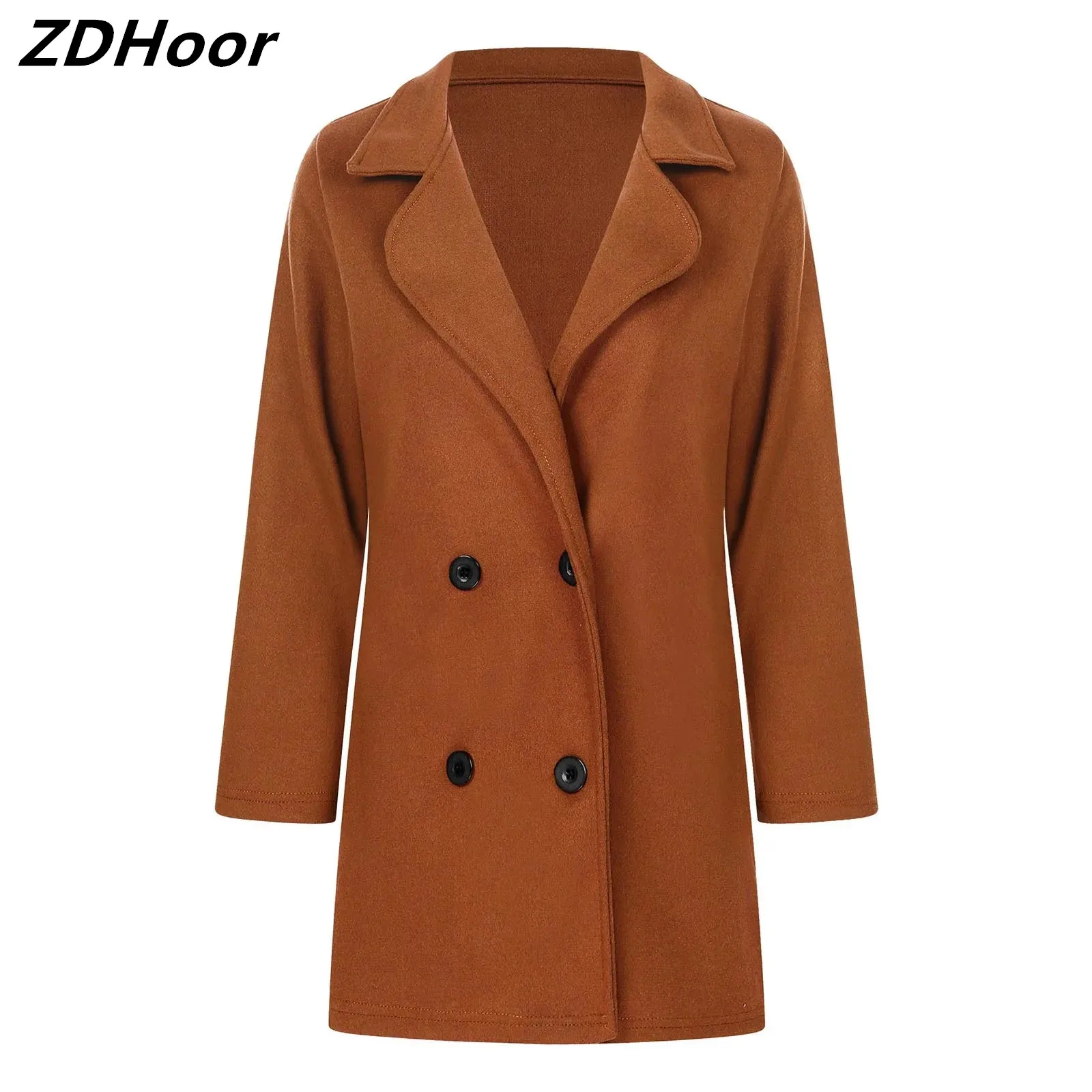 

Womens Solid Color Fleece Jackets Notch Lapel Long Sleeve Double-Breasted Overcoat Outerwear Casual Trench Coat