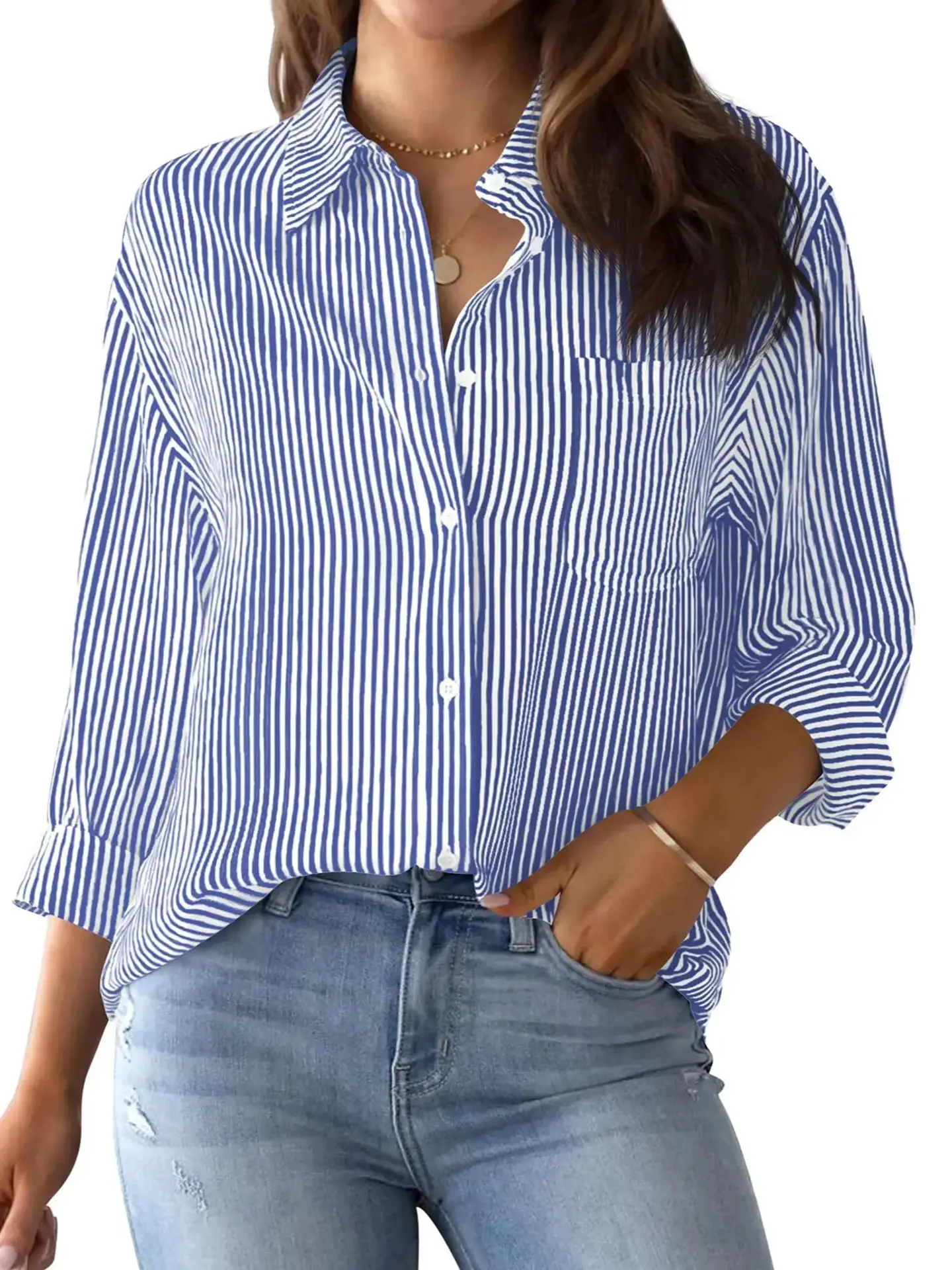 

Women's blouse 2024 Spring/Summer new women's pocket striped shirt loose top long sleeved work shirt top lapel shirt