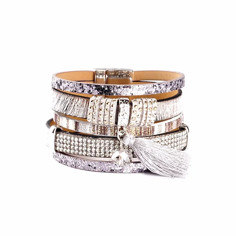 

Bohemian New Fashion Multi Layered Pu Leather Zircon Crystal Beads Magnetic Clasp Bracelet For Women And Men's Party Bracelet