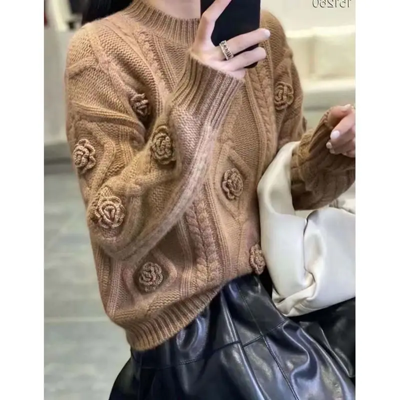 

Autumn Winter New Solid Color Round Neck Long Sleeve Sweater Women Fashion Embroidered Three-dimensional Flowers All-match Tops