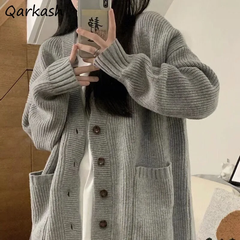 

Cardigans Women Vintage Solid V-neck Autumn Winter Coats Loose Knitting Slouchy Japanese Style Gentle All-match Female Preppy