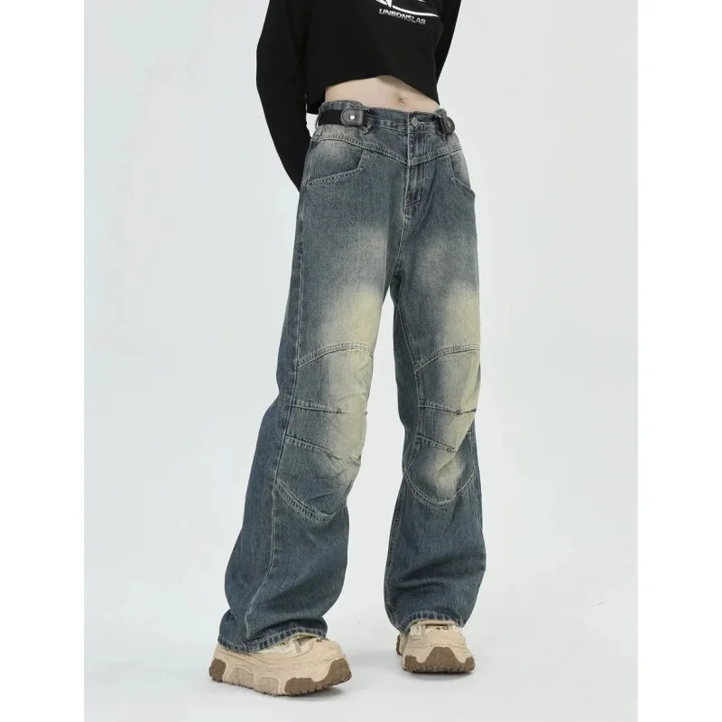 

Blue Spliced Vintage High Waist Women Jeans Korean Fashion Streetwear Wide Leg Jean Female Trouser Straight Baggy Denim Pants