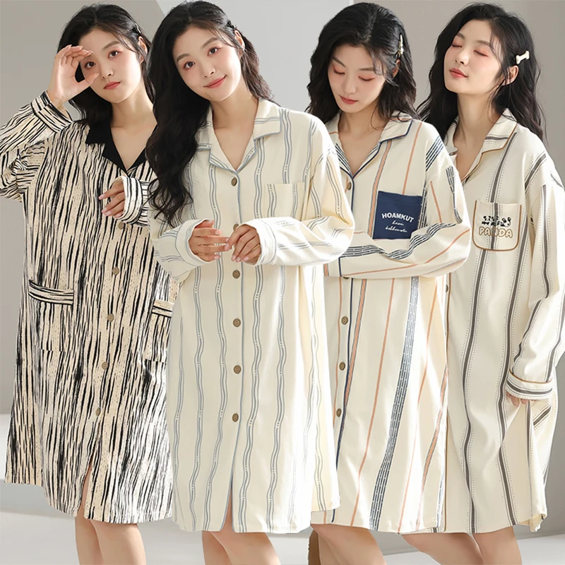 

2023 Spring Cotton Long Sleeve Nightgowns for Women Korean Loose Cardigan Sleepwear Night Dress Nightdress Homewear Home Nighty