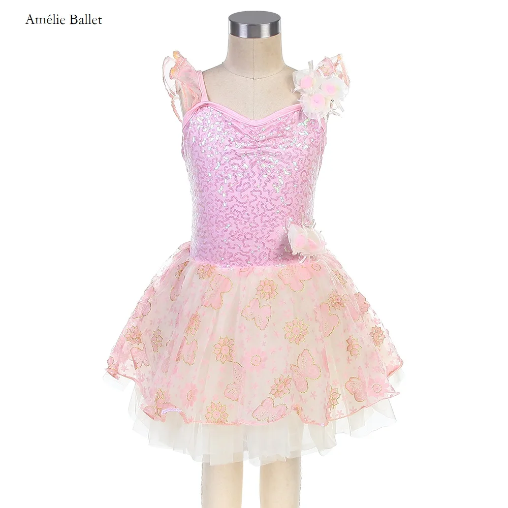 

16101 New Design Off Shoulder Kids Pink Sequin Spandex Bodice Ballet Costume Tutu Girls Stage Performance Dance Tutu